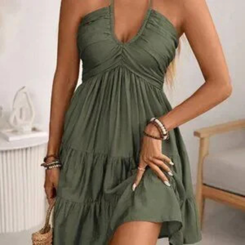ZARA Army Green Boho Women's Bohemian Beach Dress w/Shirred Bust